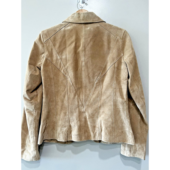 Women's 90s Suede leather Jacket Blazer Tan Beige feminine stitch detail Sz-4 - Picture 2 of 8